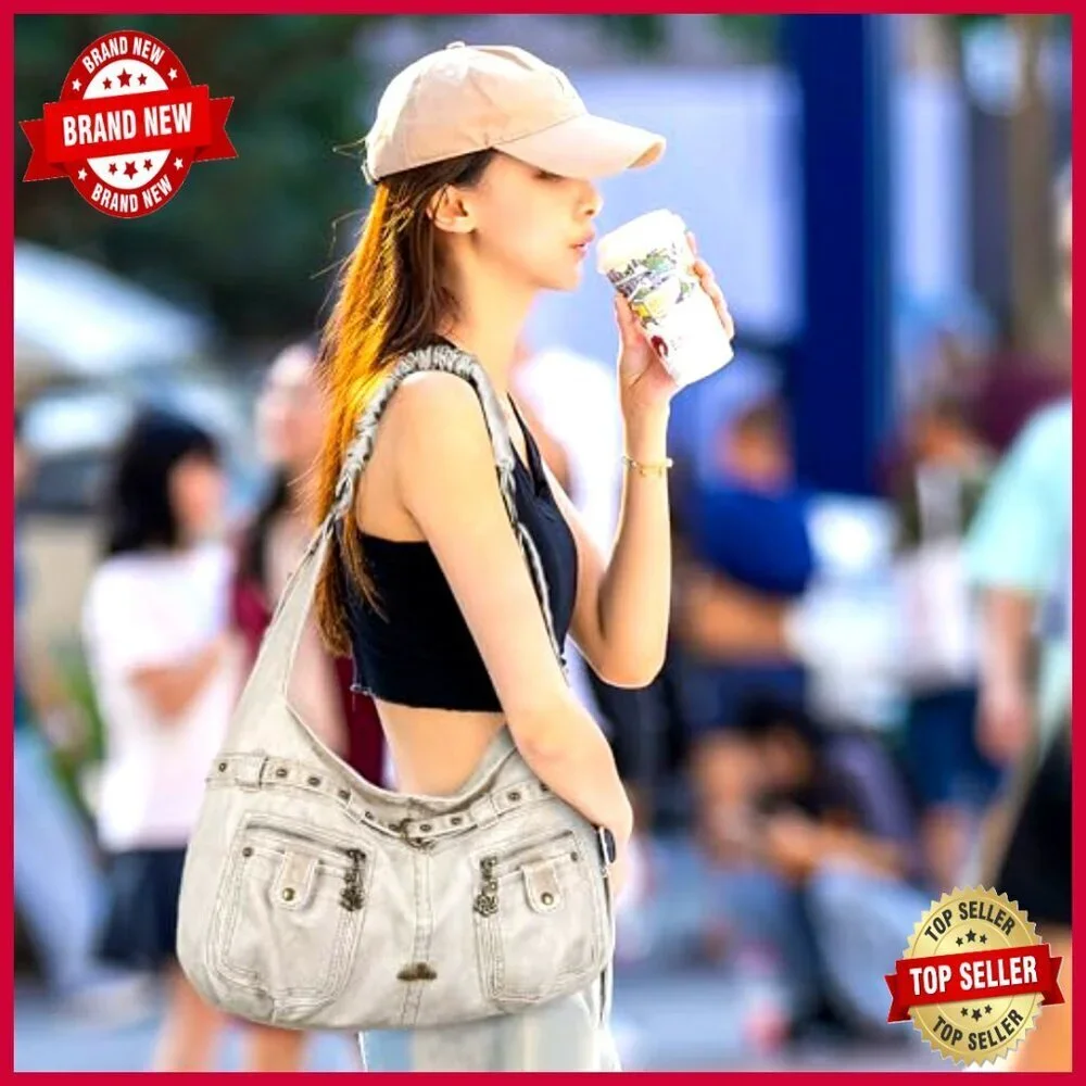 Large Vegan Leather Hobo Shoulder Bag with Studs and Multiple Pockets
